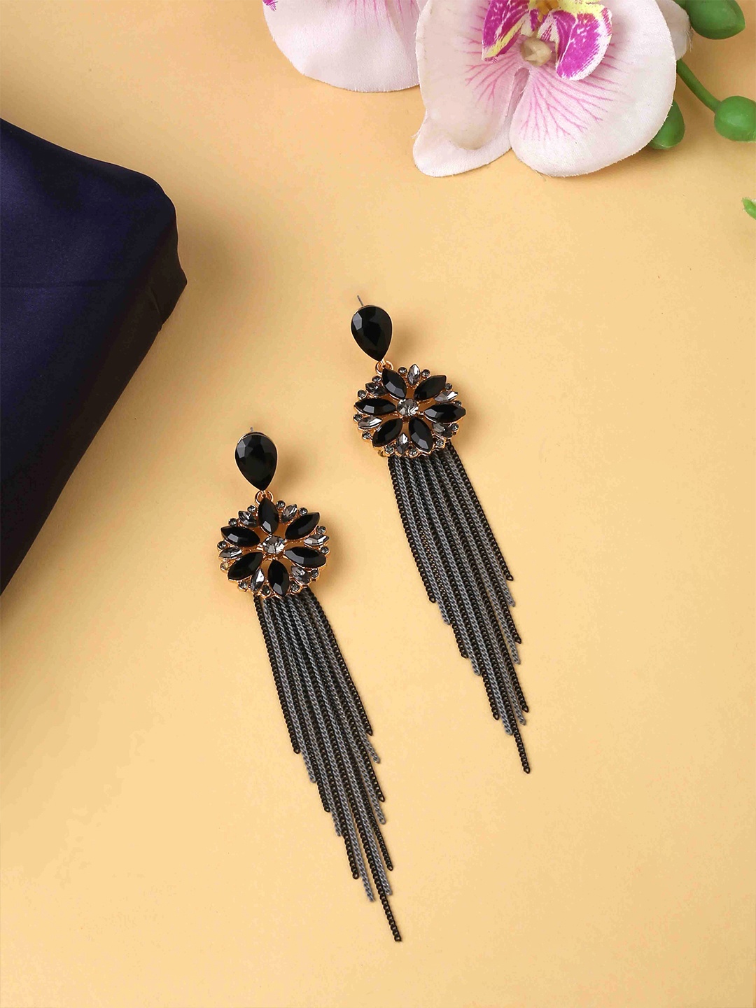 

Yellow Chimes Black Contemporary Crystal Drop Earrings