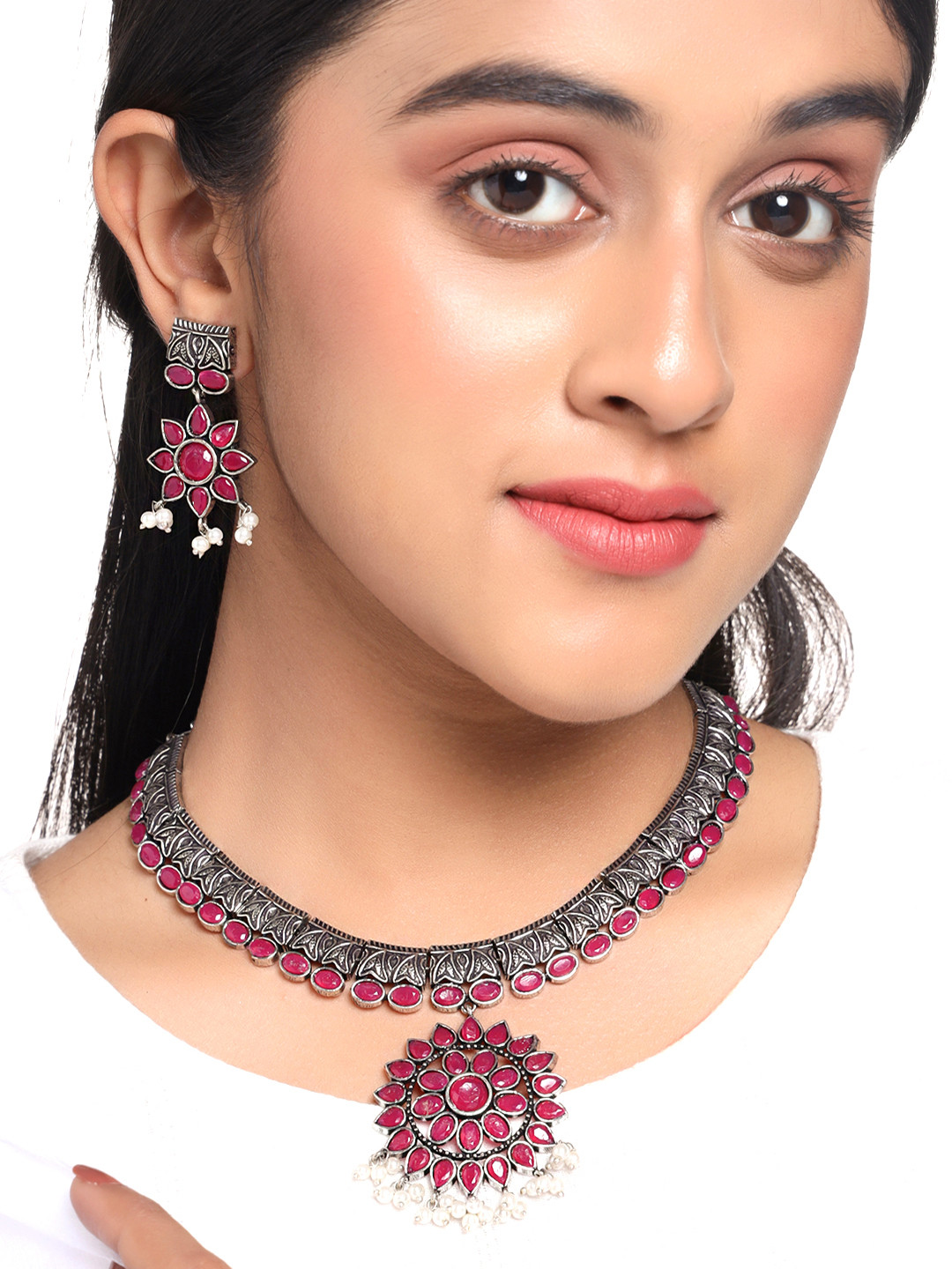 

Yellow Chimes Silver-Toned Pink Oxidised Stone Studded Traditional Choker Necklace Set