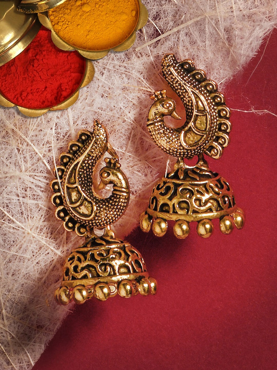 

OOMPH Gold-Toned Peacock Shaped Jhumkas Earrings