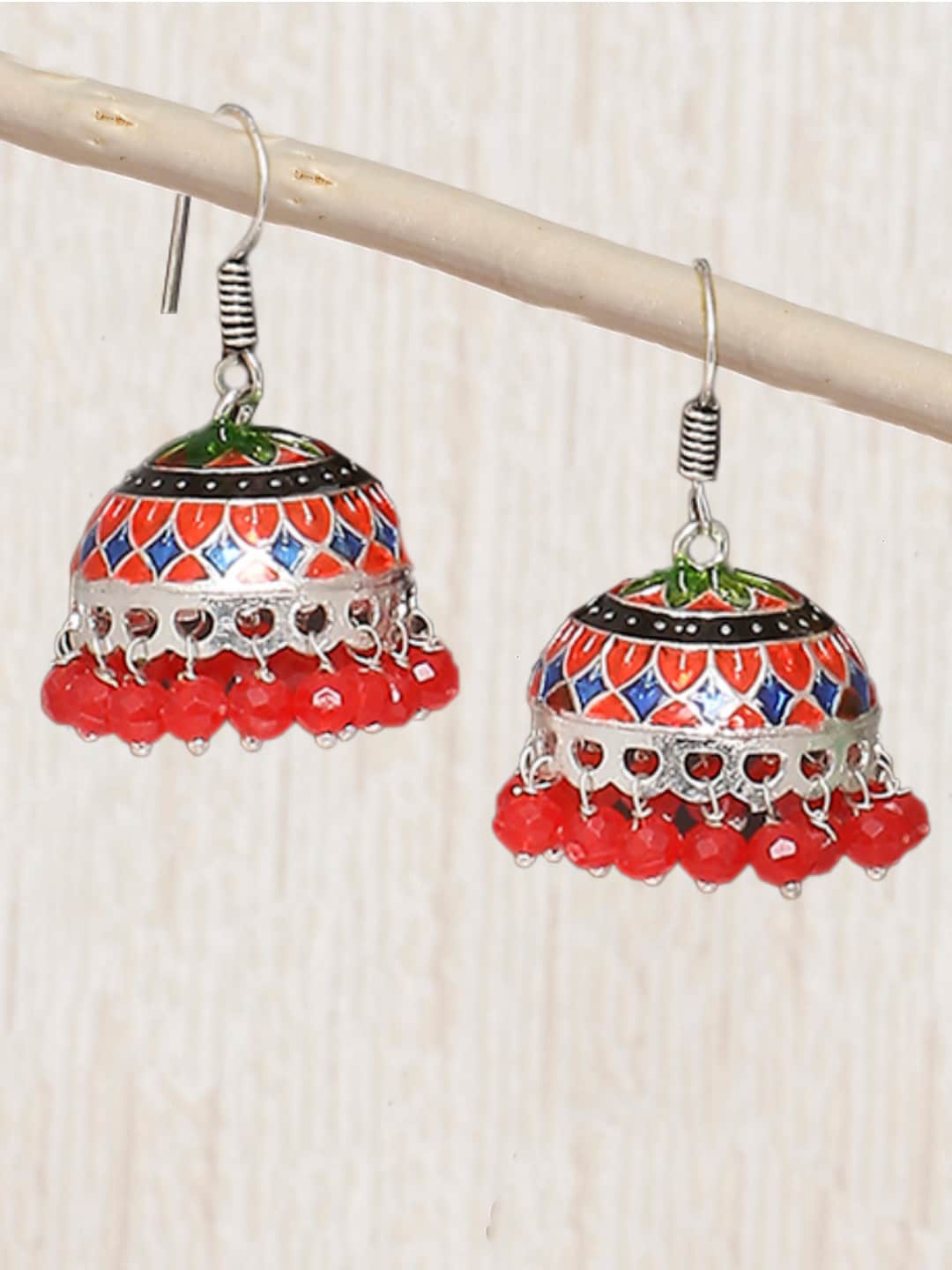 

OOMPH Silver-Toned & Red Dome Shaped Jhumkas Earrings