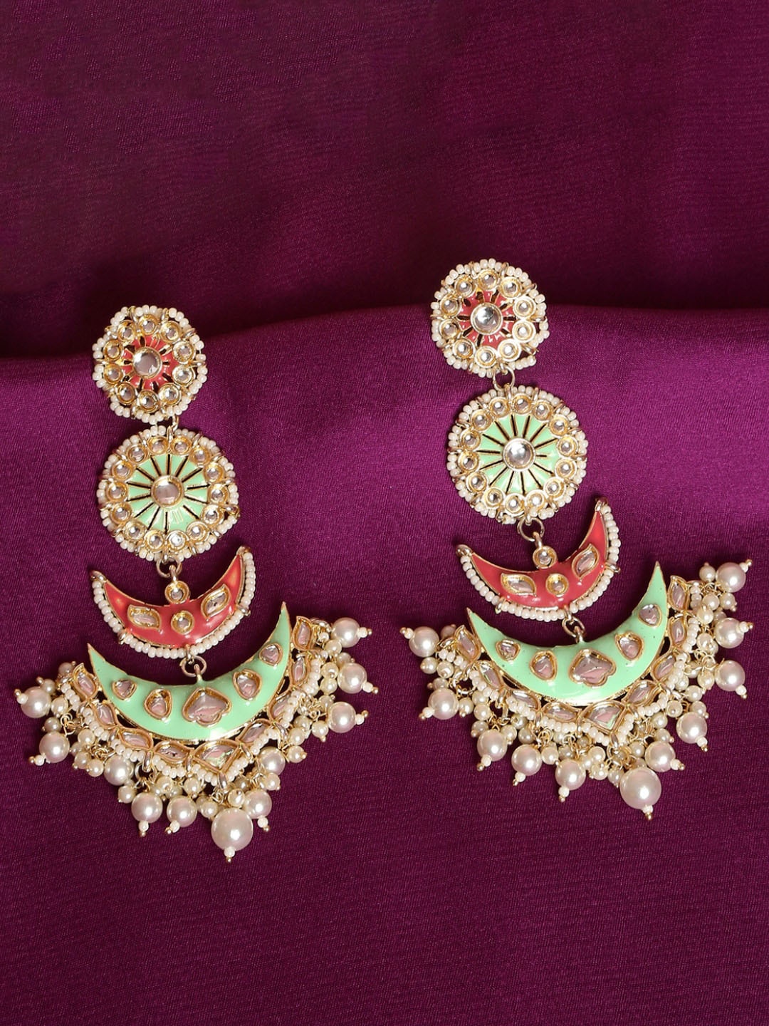 

OOMPH Green & Pink Crescent Shaped Chandbalis Earrings