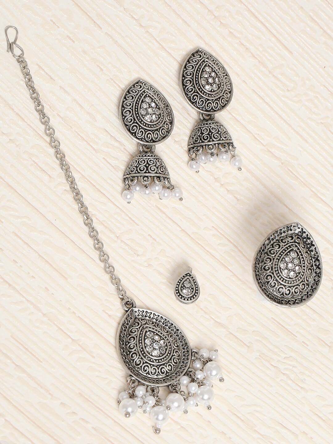 

OOMPH Oxidised Silver-Toned White Stone Studded & Pearl Beaded Jewellery Set