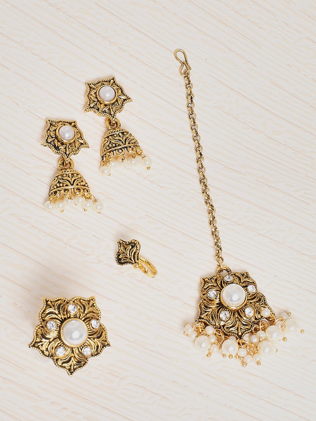 

OOMPH Gold-Toned White Stone Studded & Pearl Beaded Antique Jewellery Set