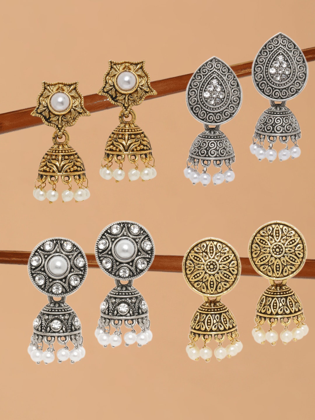 

OOMPH Combo Of 4 Antique Gold & Oxidised Pearls Ethnic Traditional Jhumka Earrings