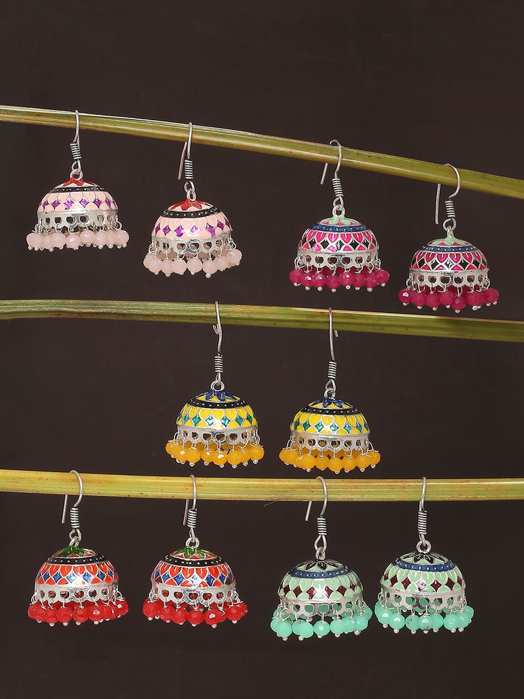 

OOMPH Set of 6 Dome Shaped Jhumka Earrings, Red