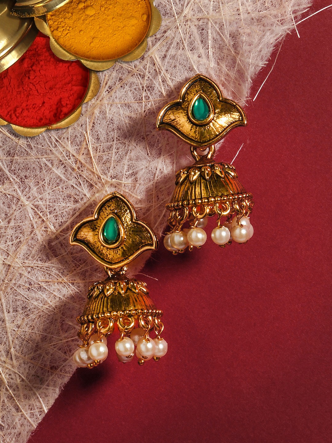 

OOMPH Green & Gold-Toned Antique Classic Jhumkas Earrings