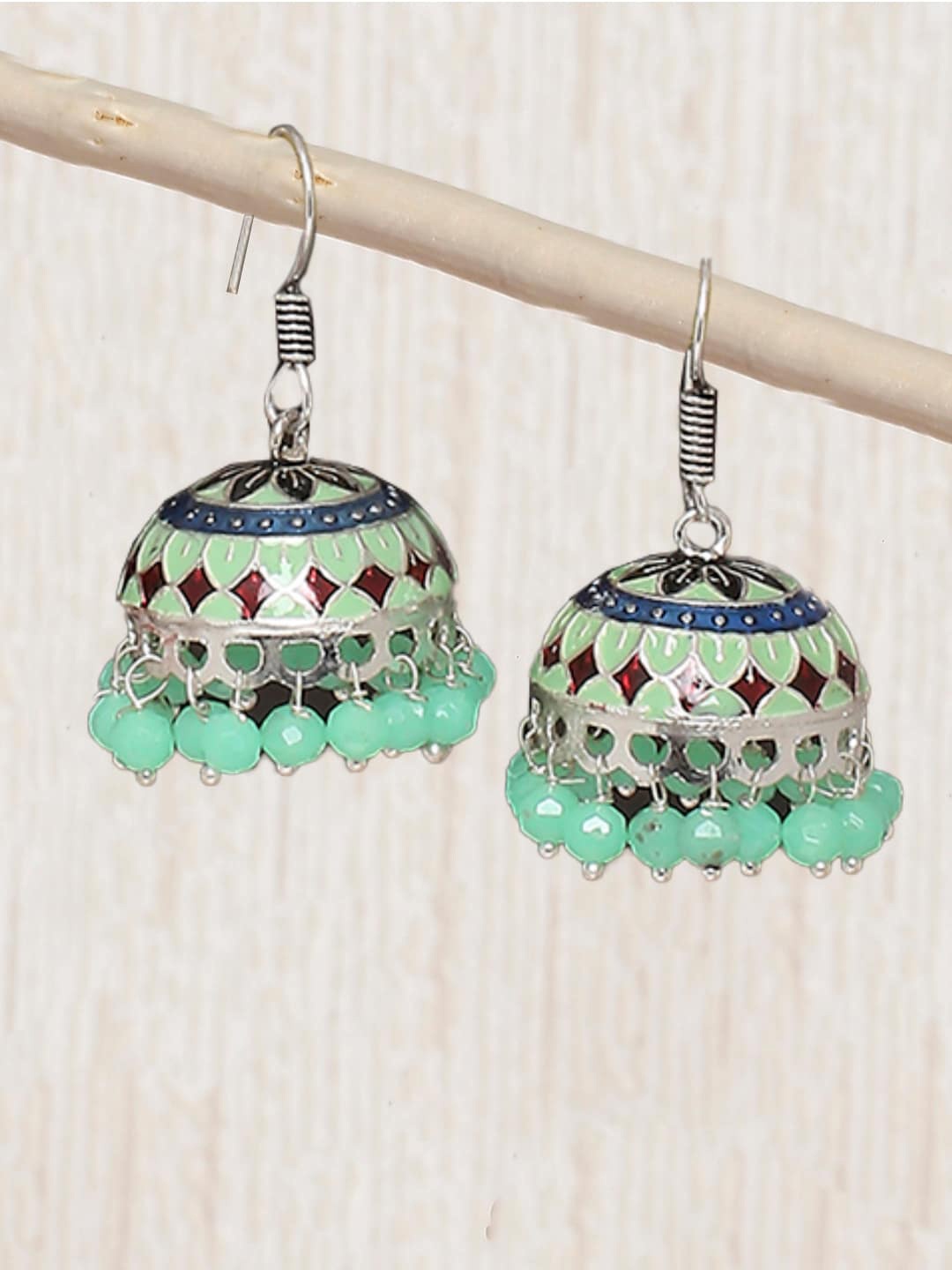 

OOMPH Green Oxidised Dome Shaped Meenakari Jhumkas Earrings