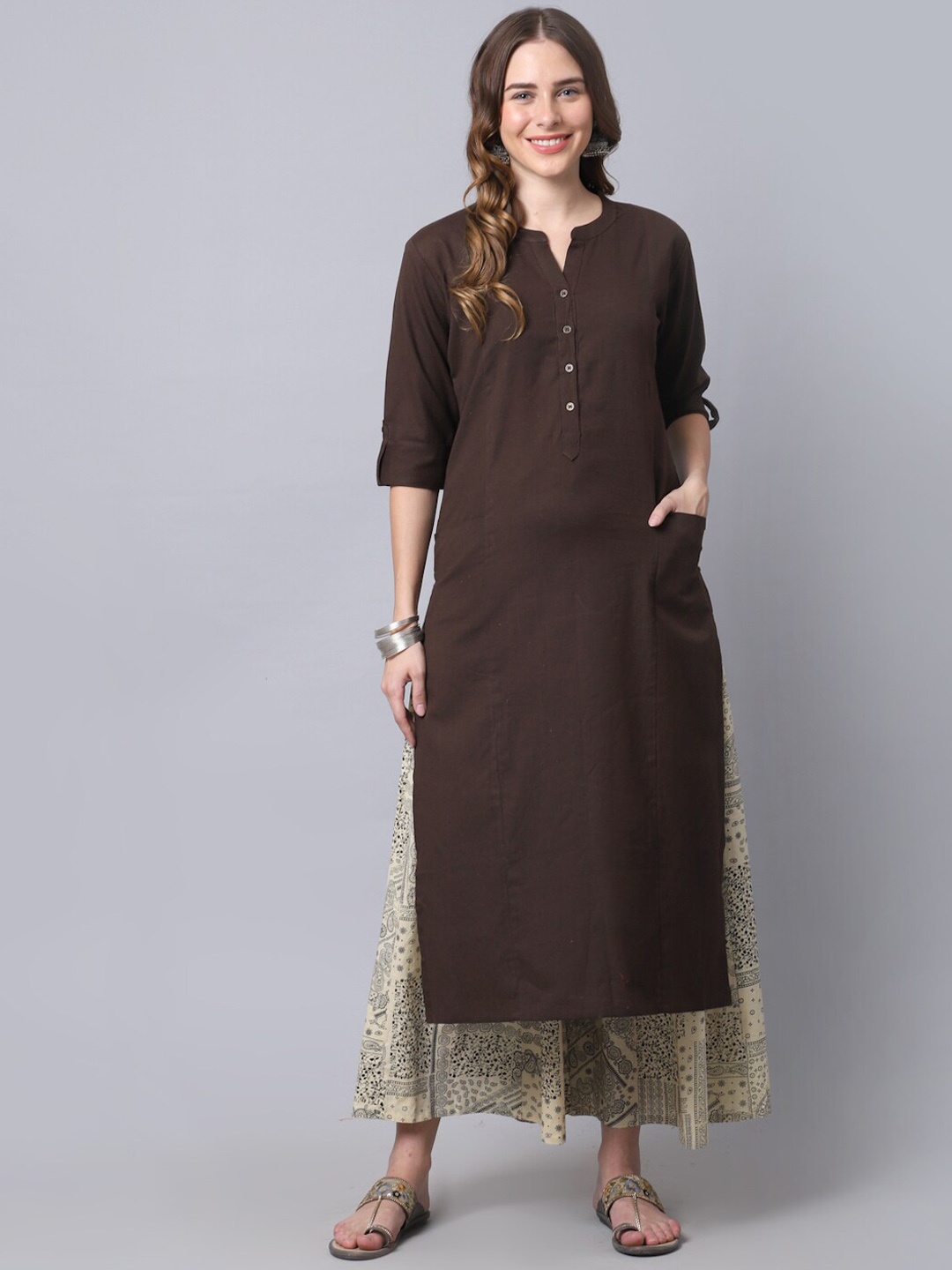 

Pistaa Women Brown Cotton Solid Kurta with Printed Palazzos