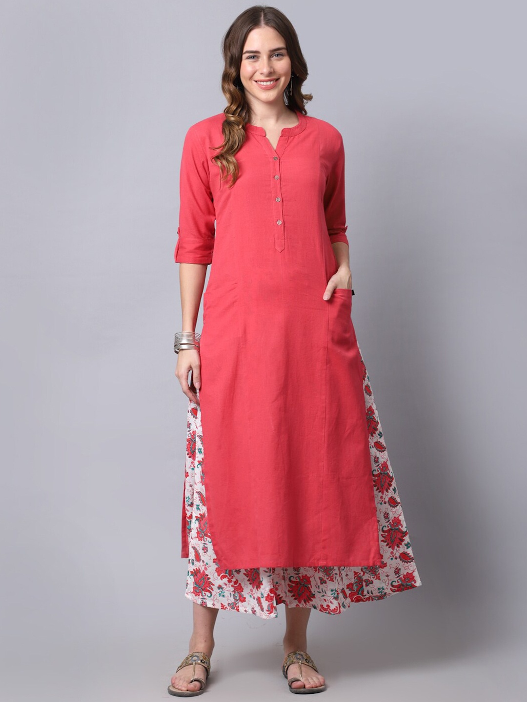 

Pistaa Women Peach-Coloured Floral Printed Empire Kurti With Palazzos