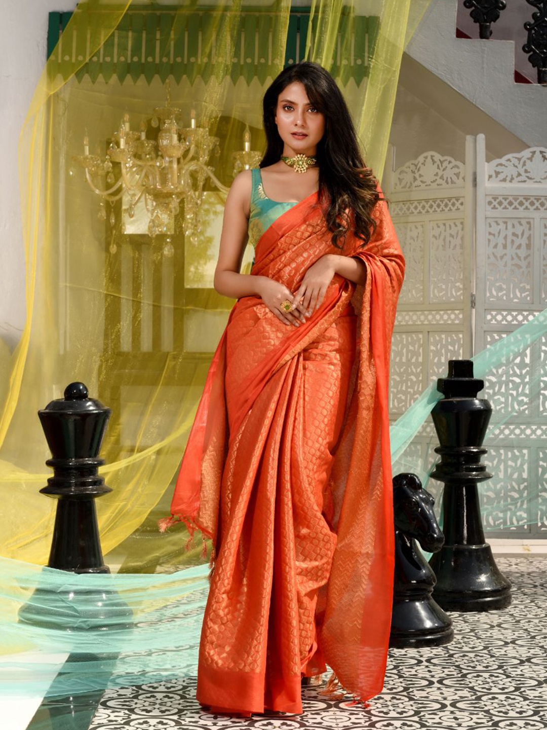 

Charukriti Orange & Gold-Toned Woven Design Zari Silk Blend Saree