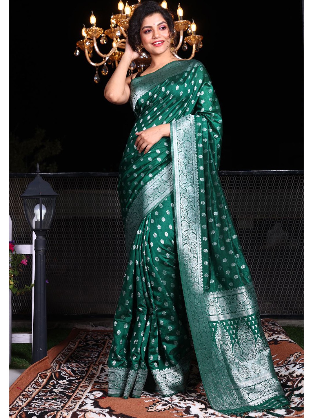 

Charukriti Green & Silver-Toned Woven Design Zari Brocade Saree