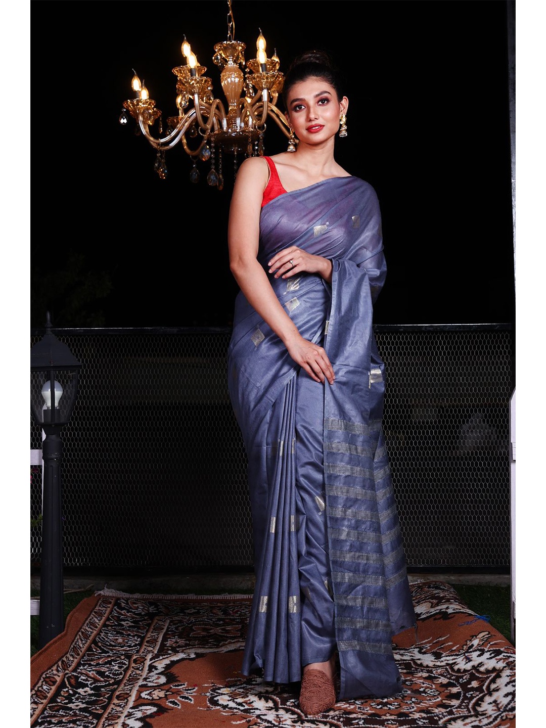 

Charukriti Grey & Silver-Toned Woven Design Zari Silk Blend Saree