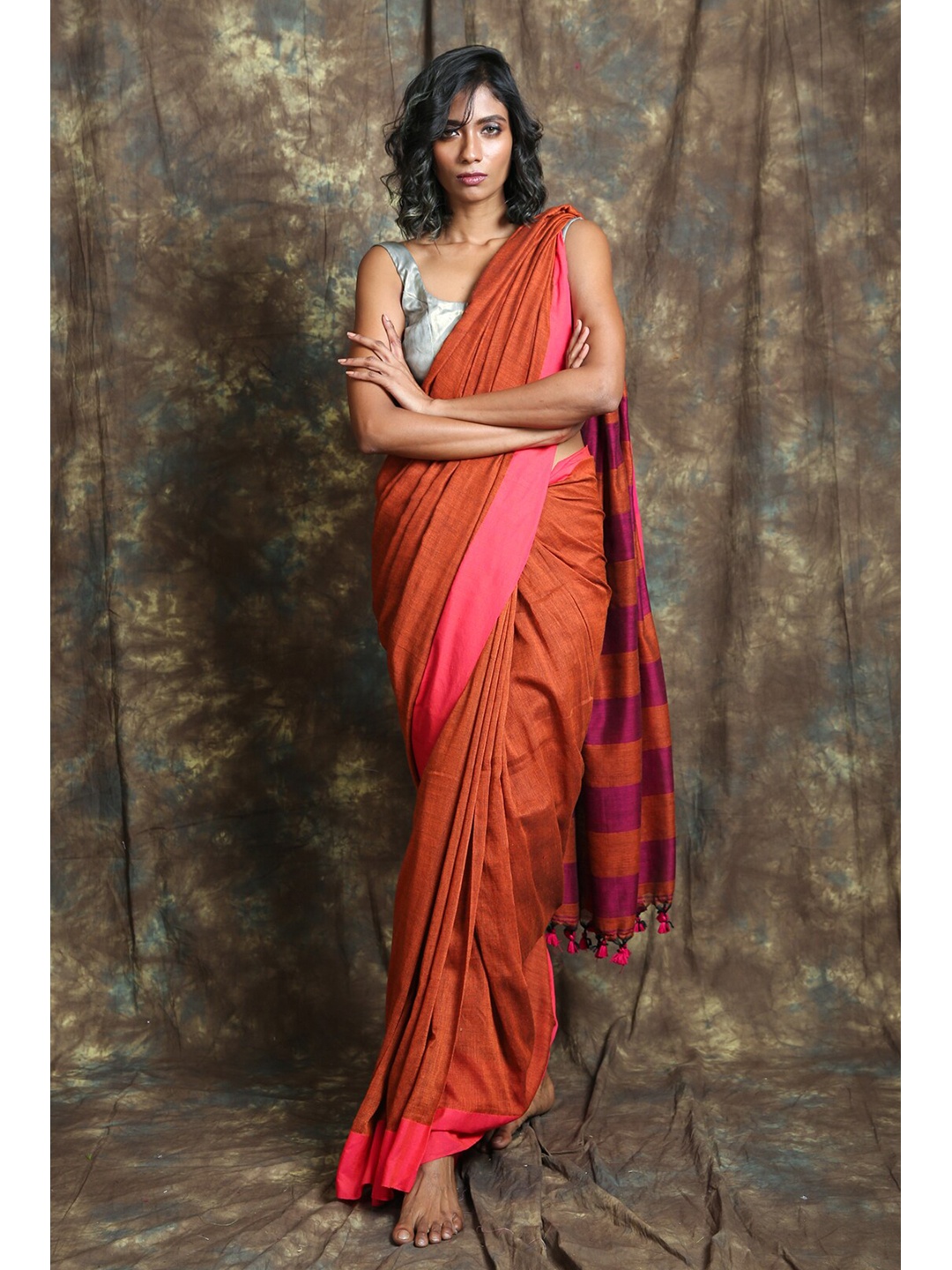 

Charukriti Women Rust & Pink Woven Design Pure Cotton Saree