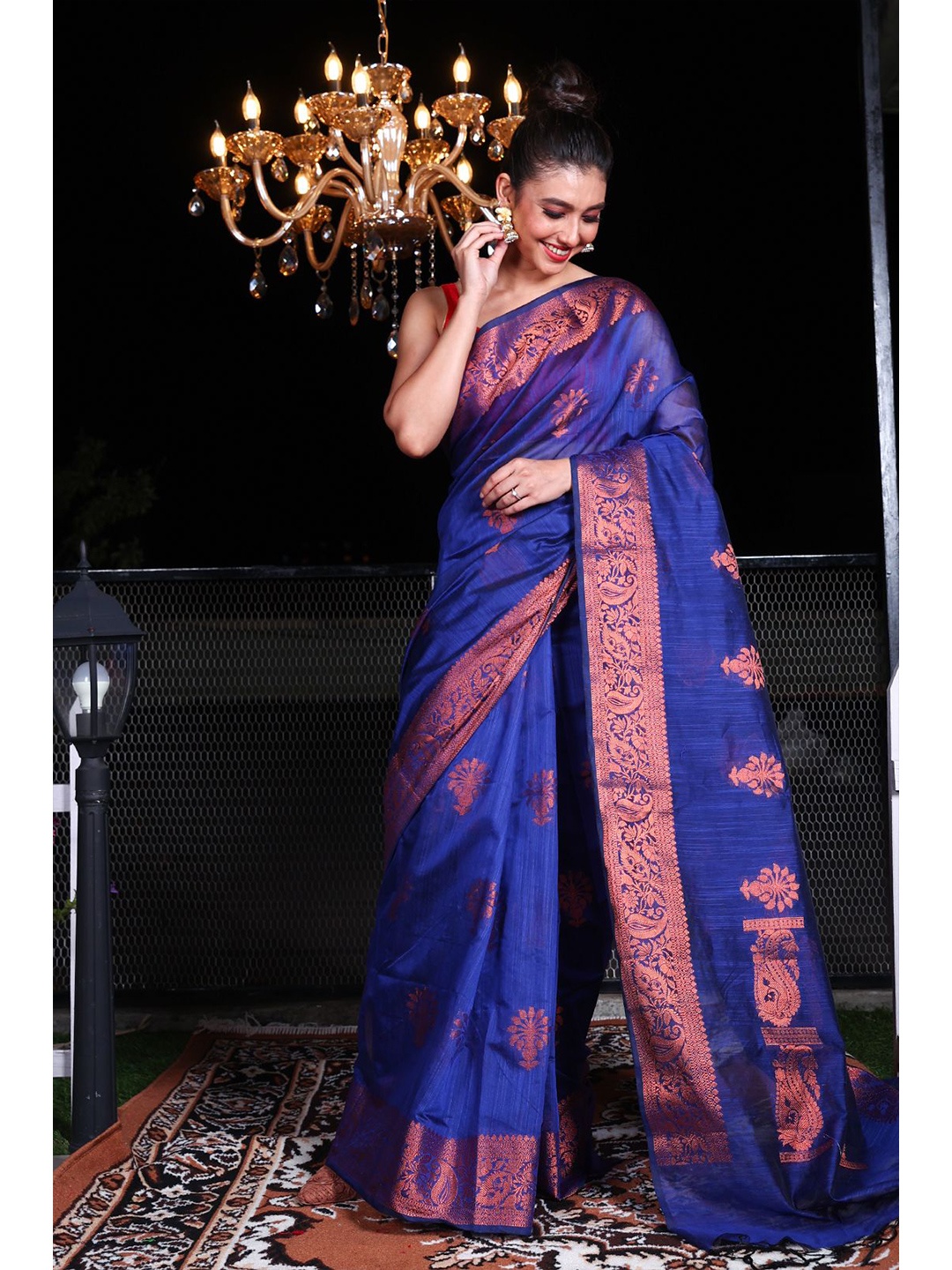 

Charukriti Blue & Gold-Toned Woven Design Zari Silk Blend Saree
