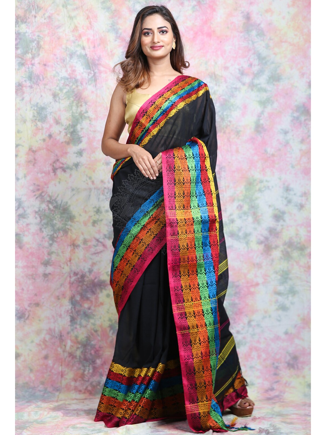 

Charukriti Black & Pink Striped Pure Cotton Saree