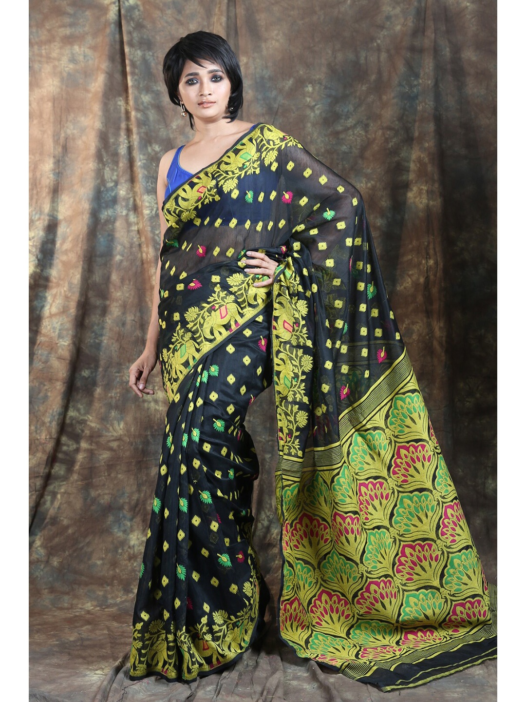 

Charukriti Black & Yellow Ethnic Motifs Silk Cotton Jamdani Saree