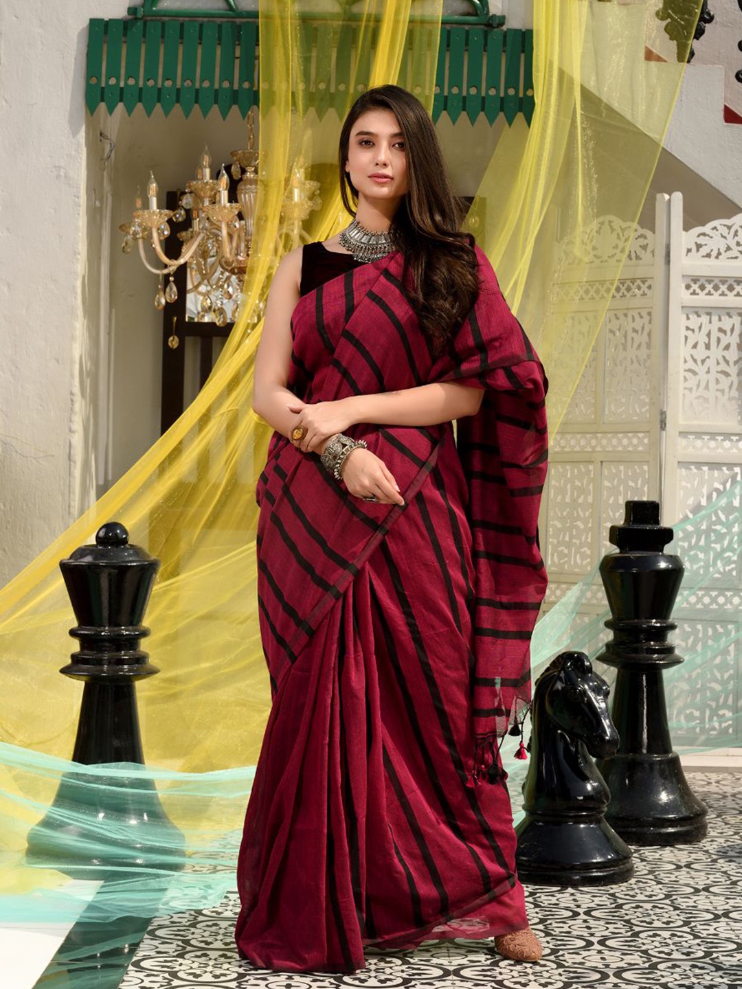 

Charukriti Magenta & Black Striped Pure Cotton Saree