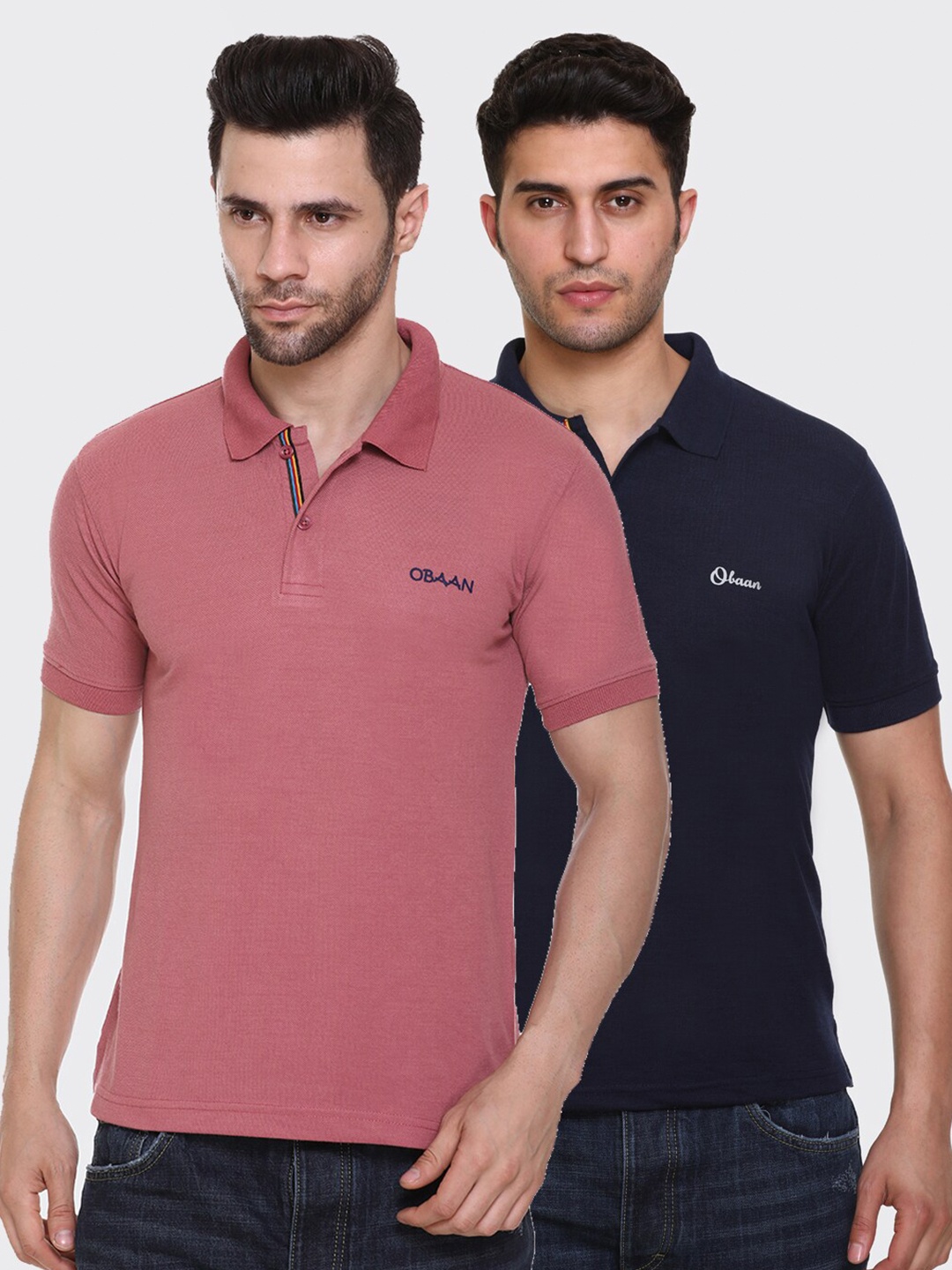 

Obaan Men Pink & Navy Blue Pack of 2 Polo Collar T-shirt
