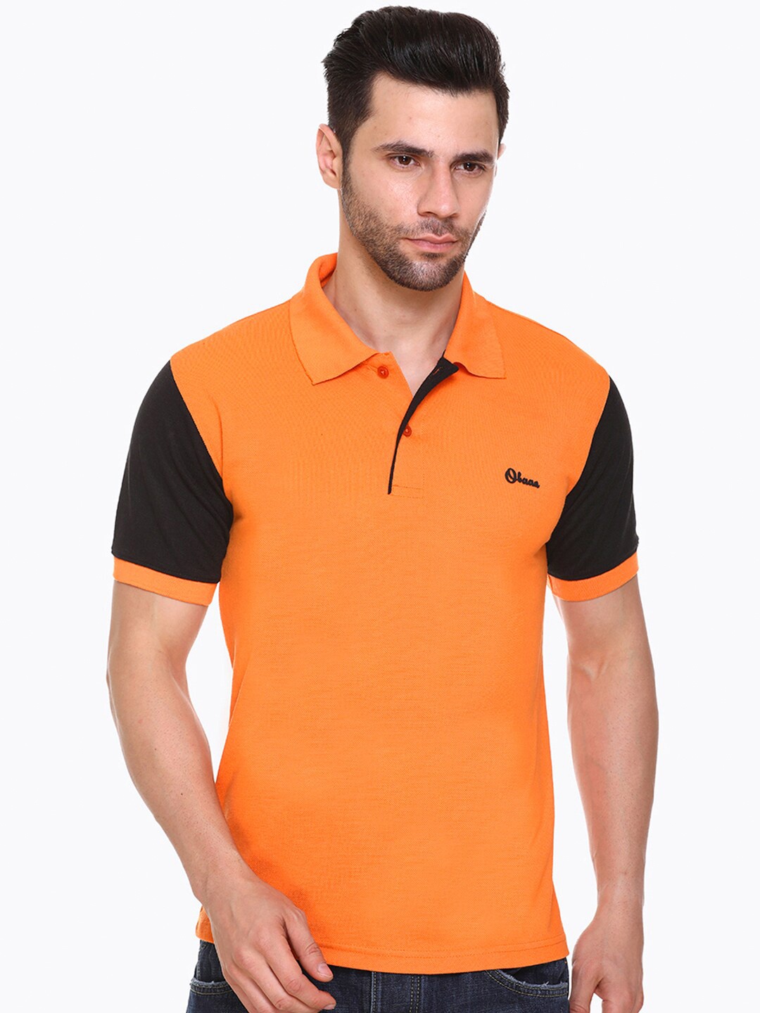 

Obaan Men Orange & Black Colourblocked Polo Collar T-shirt