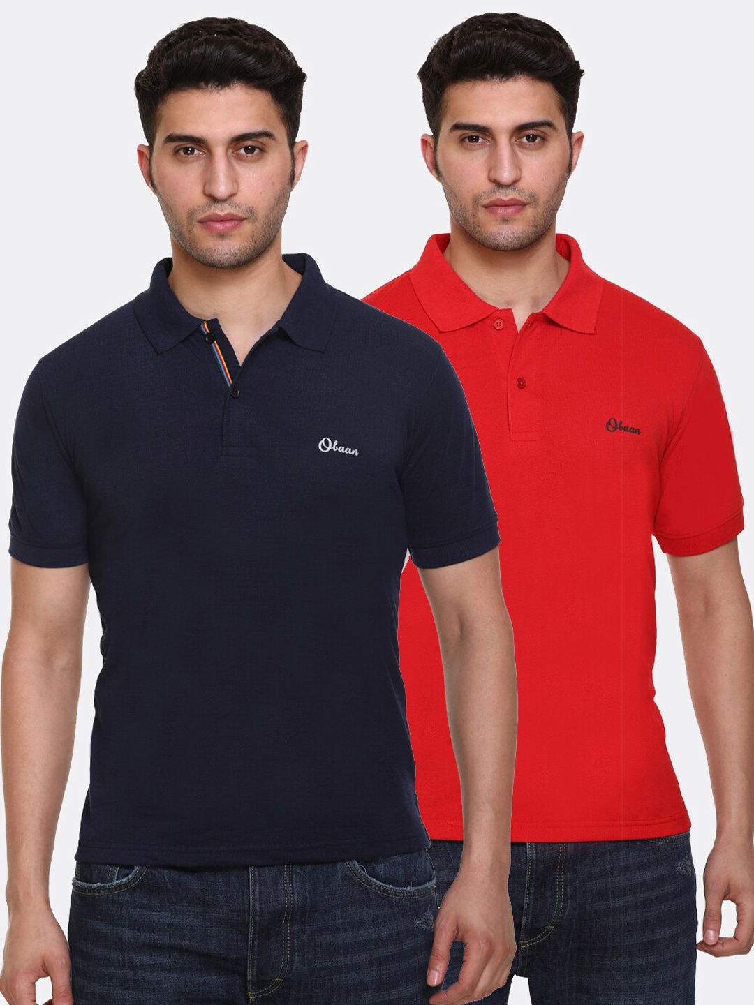 

Obaan Pack of 2 Men Red & Navy Blue Solid Cotton Polo Collar T-shirt