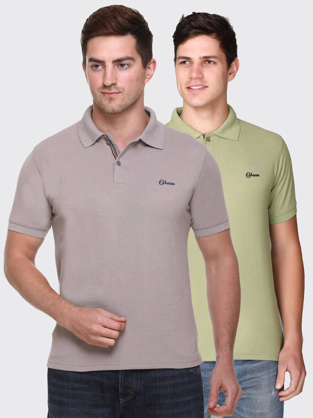 

Obaan Men Pack Of 2 Grey & Olive Green Solid Polo Collar T-shirt