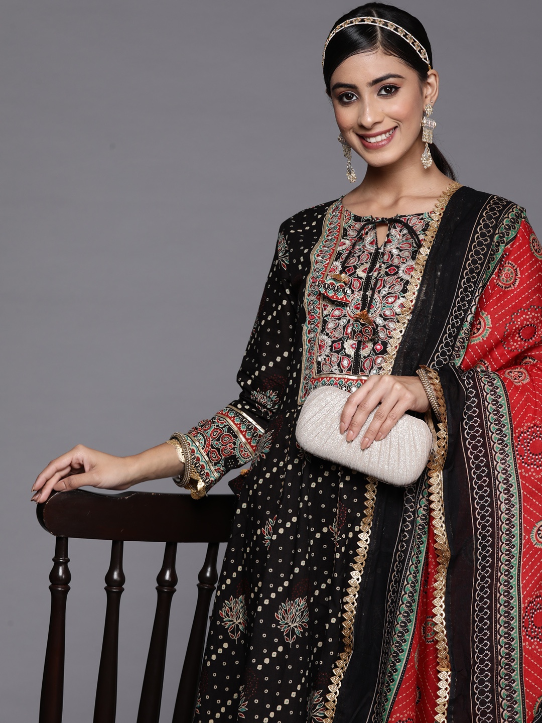 

Indo Era Women Black Bandhani Embroidered Gotta Patti Kurta with Trousers & With Dupatta