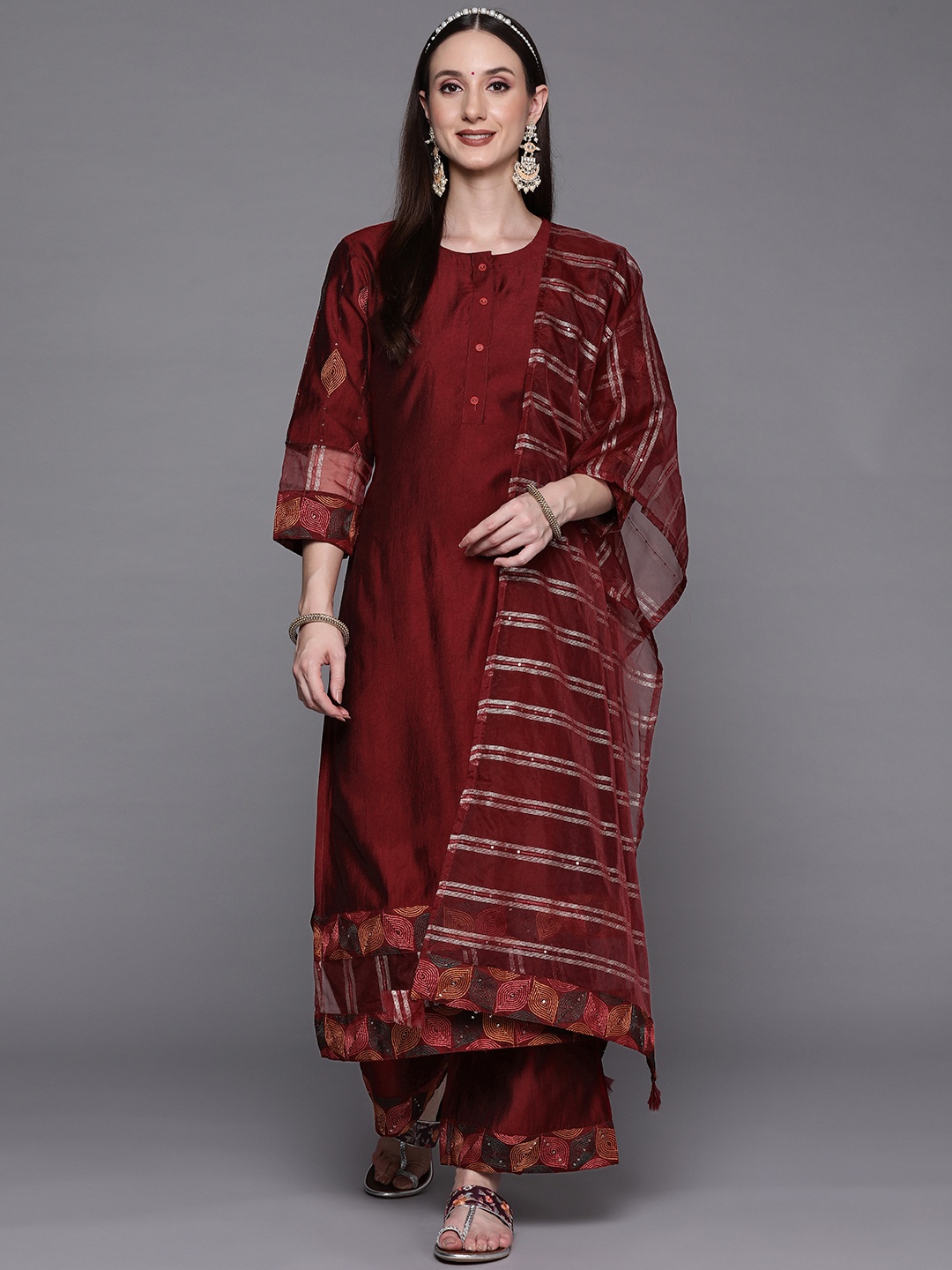 

Indo Era Women Maroon Liva Kurta with Palazzos & With Dupatta