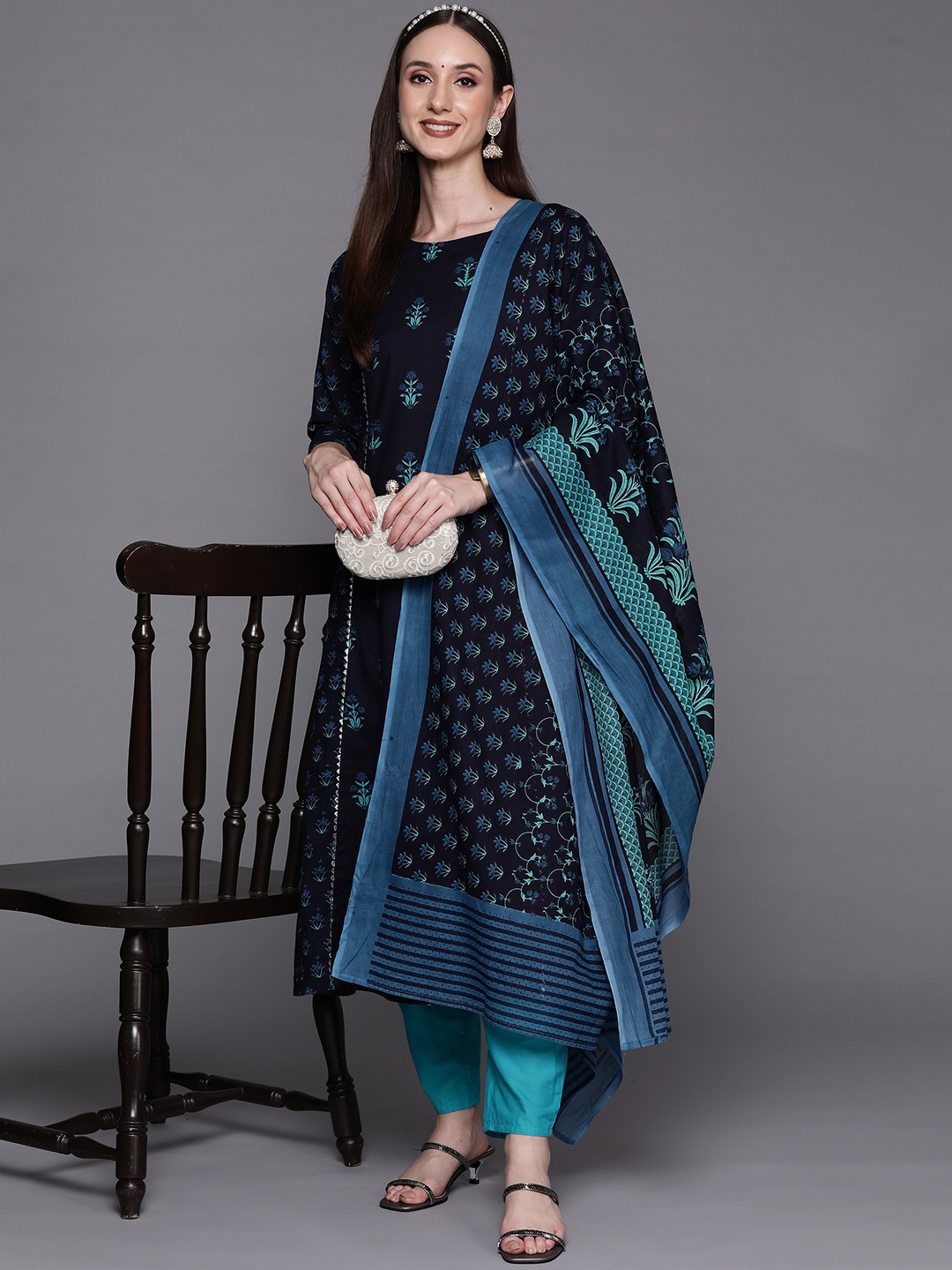 

Indo Era Women Navy Blue Floral Printed Kurta with Trousers & With Dupatta