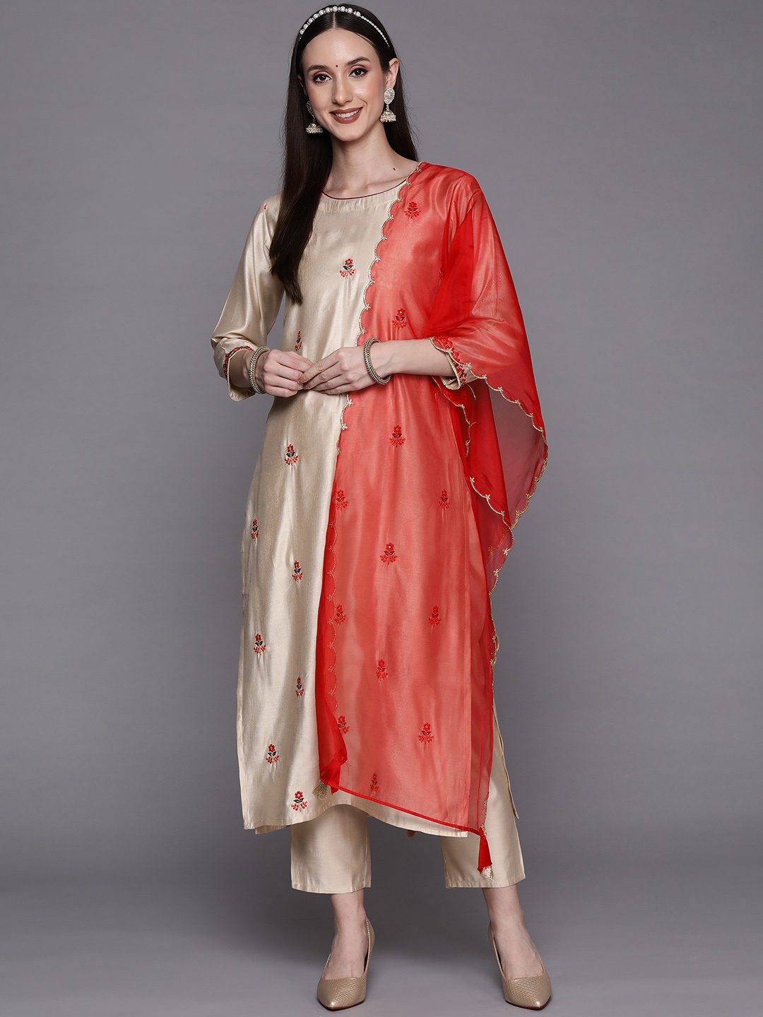 

Indo Era Women Cream-Coloured Floral Embroidered Sequinned Liva Kurta with Trousers