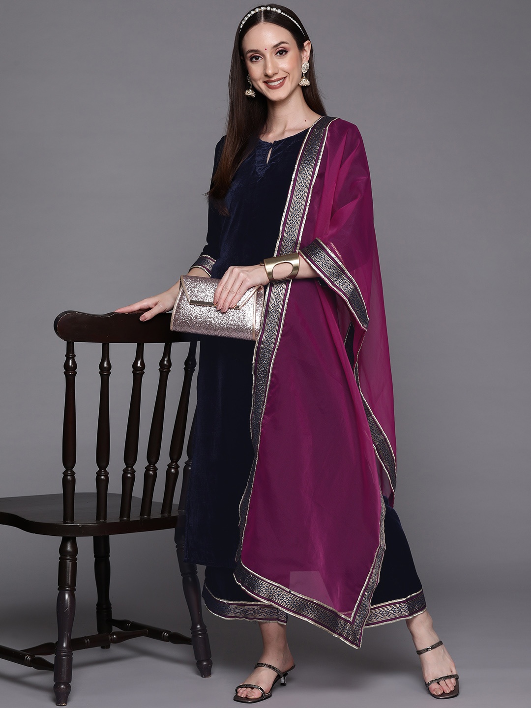 

Indo Era Women Navy Blue & Purple Velvet Kurta with Palazzos & Dupatta