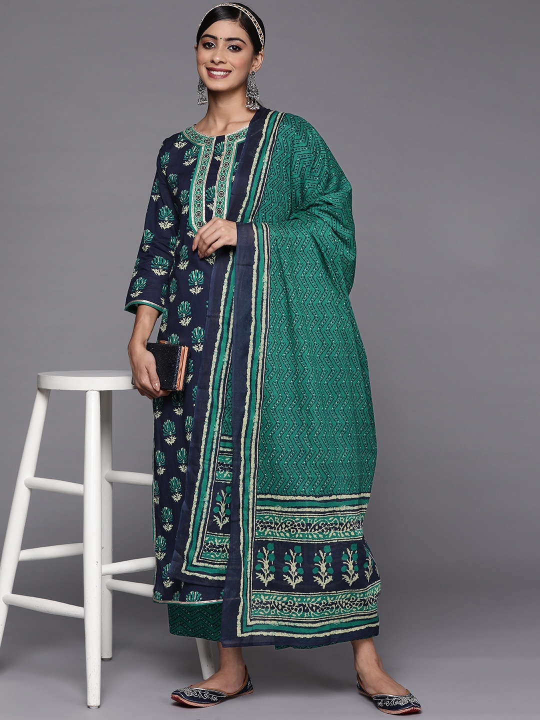 

Indo Era Women Navy Blue Printed Kurta with Palazzos & With Dupatta