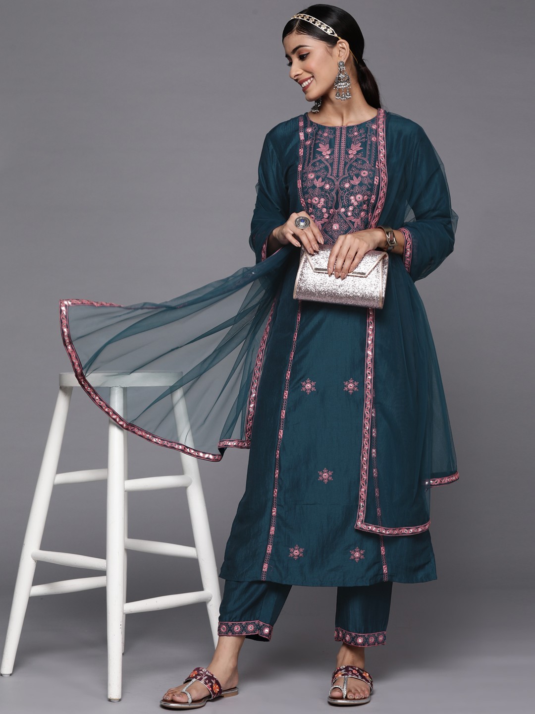 

Indo Era Women Navy Blue Floral Embroidered Kurta with Trousers & With Dupatta