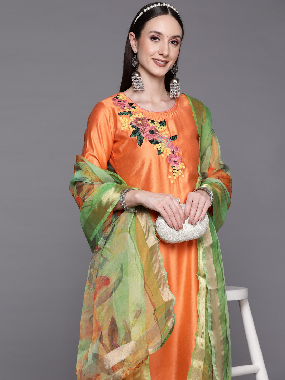 

Indo Era Women Orange Embroidered Thread Work Liva Kurta with Palazzos & With Dupatta