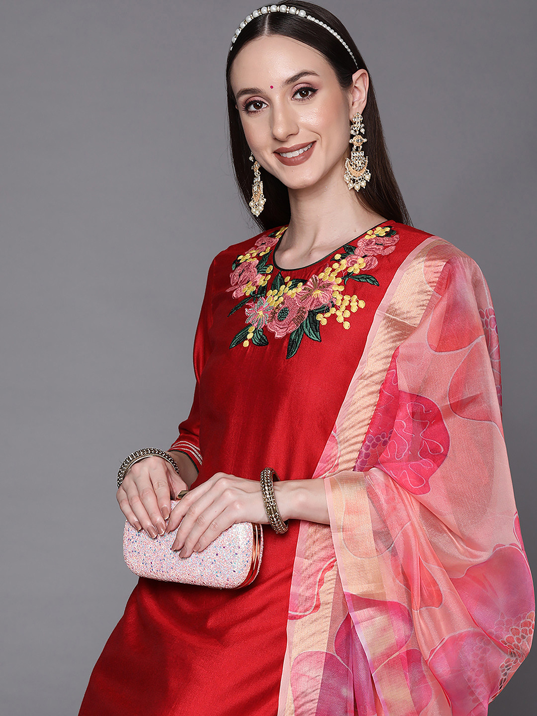 

Indo Era Women Red Embroidered Thread Work Liva Kurta with Palazzos & With Dupatta