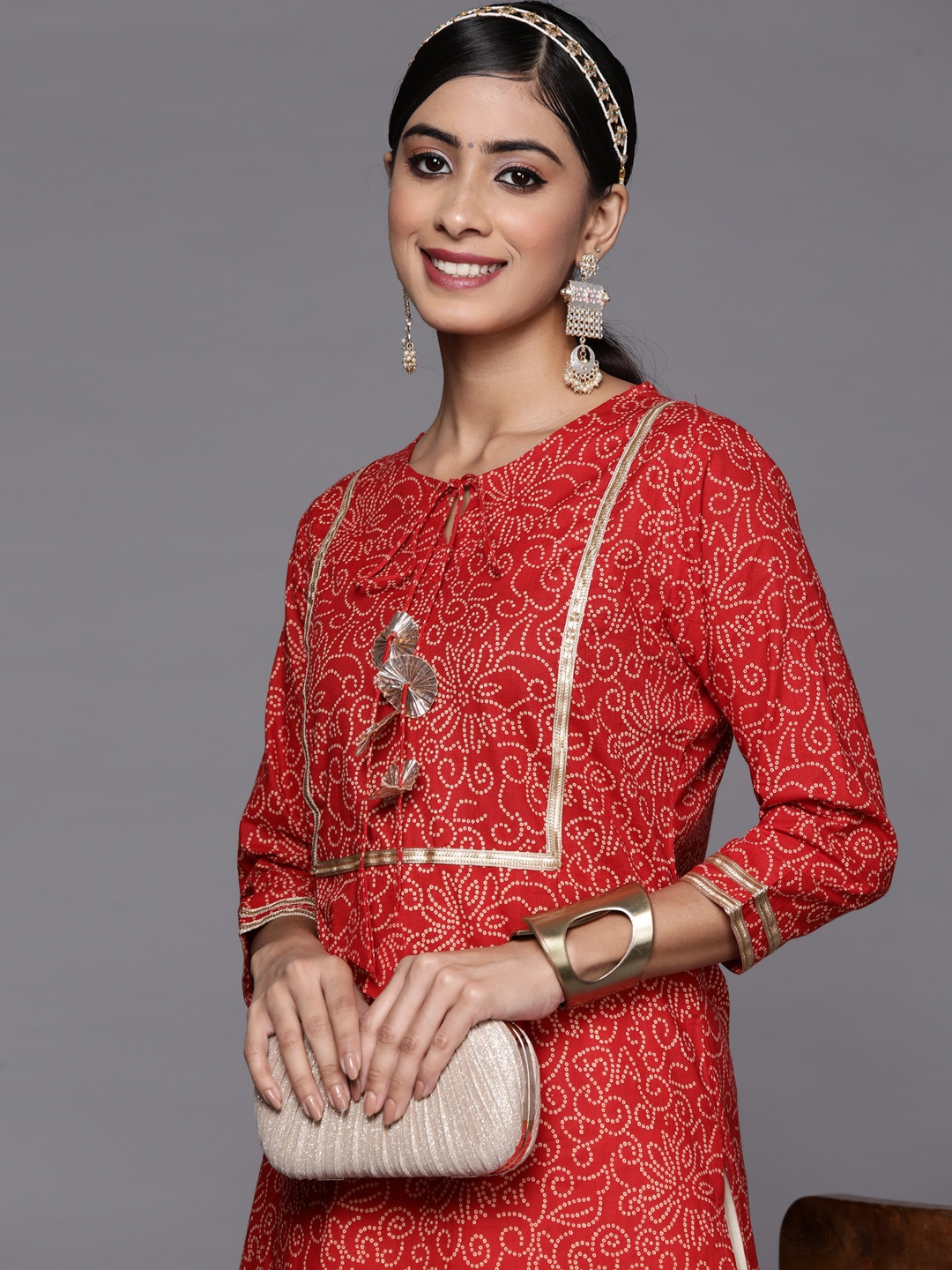 

Indo Era Women Red Bandhani Printed Pure Cotton Kurta with Skirt