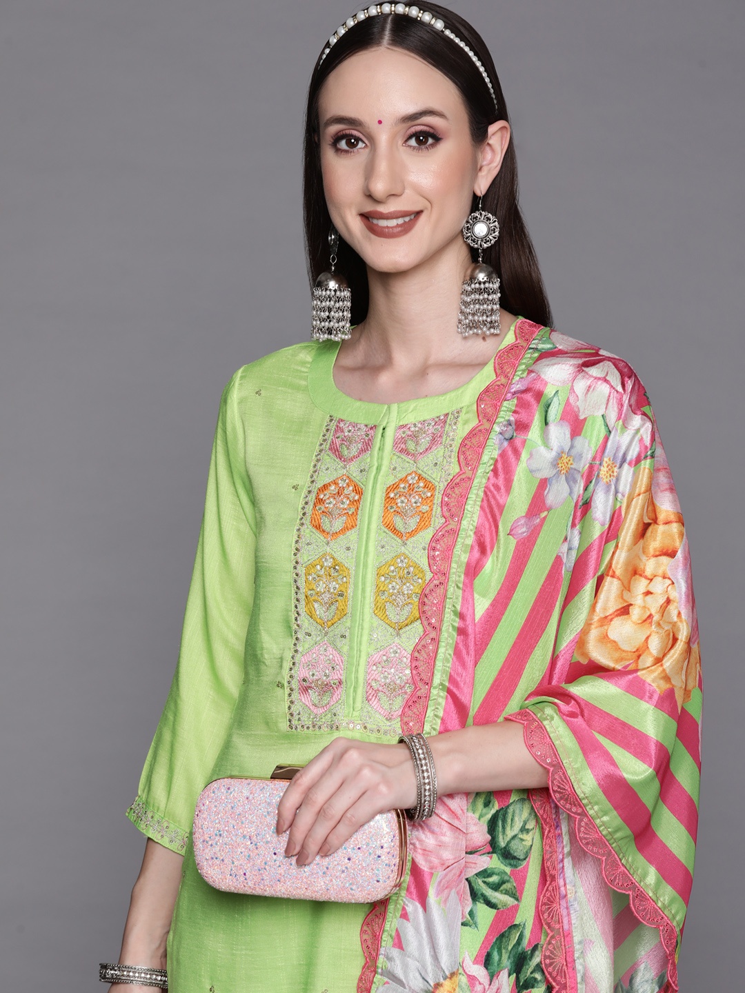 

Indo Era Women Green Ethnic Motifs Embroidered Sequinned Raw Silk Kurta with Trousers & With Dupatta