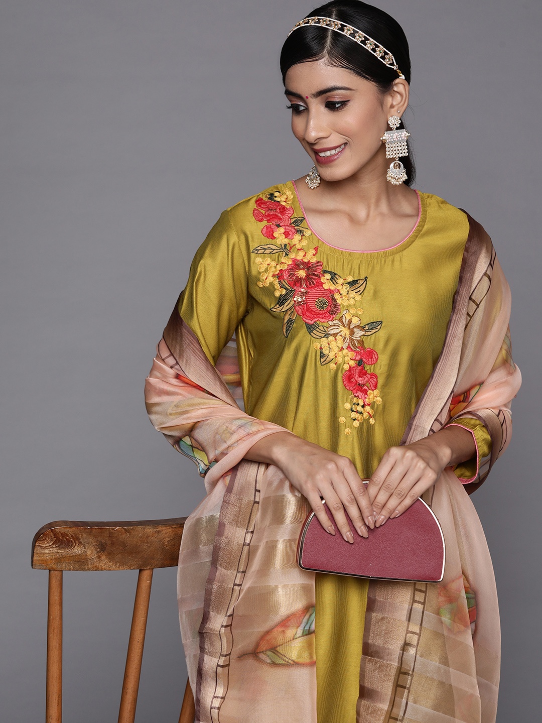 

Indo Era Women Green Embroidered Liva Kurta with Palazzos & With Dupatta