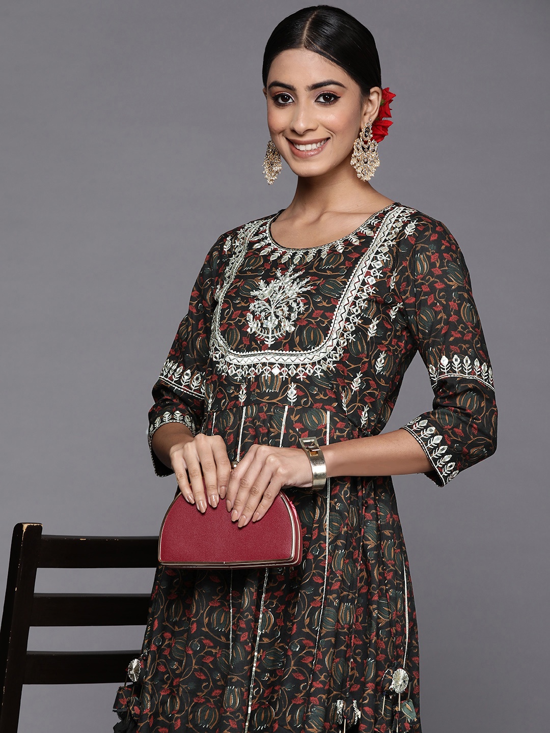 

Indo Era Women Black Floral Embroidered Patchwork Floral Anarkali Kurta