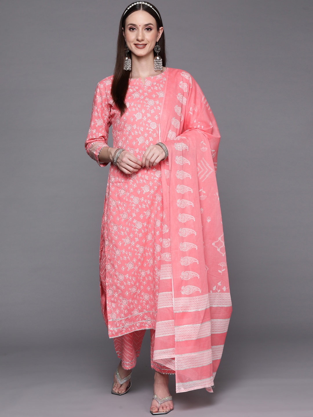 

Indo Era Women Pink Floral Printed Kurta with Palazzos & With Dupatta