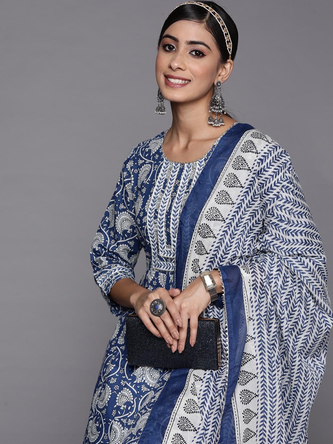

Indo Era Women Blue Ethnic Motifs Printed Panelled Gotta Patti Kurta with Trousers & With Dupatta