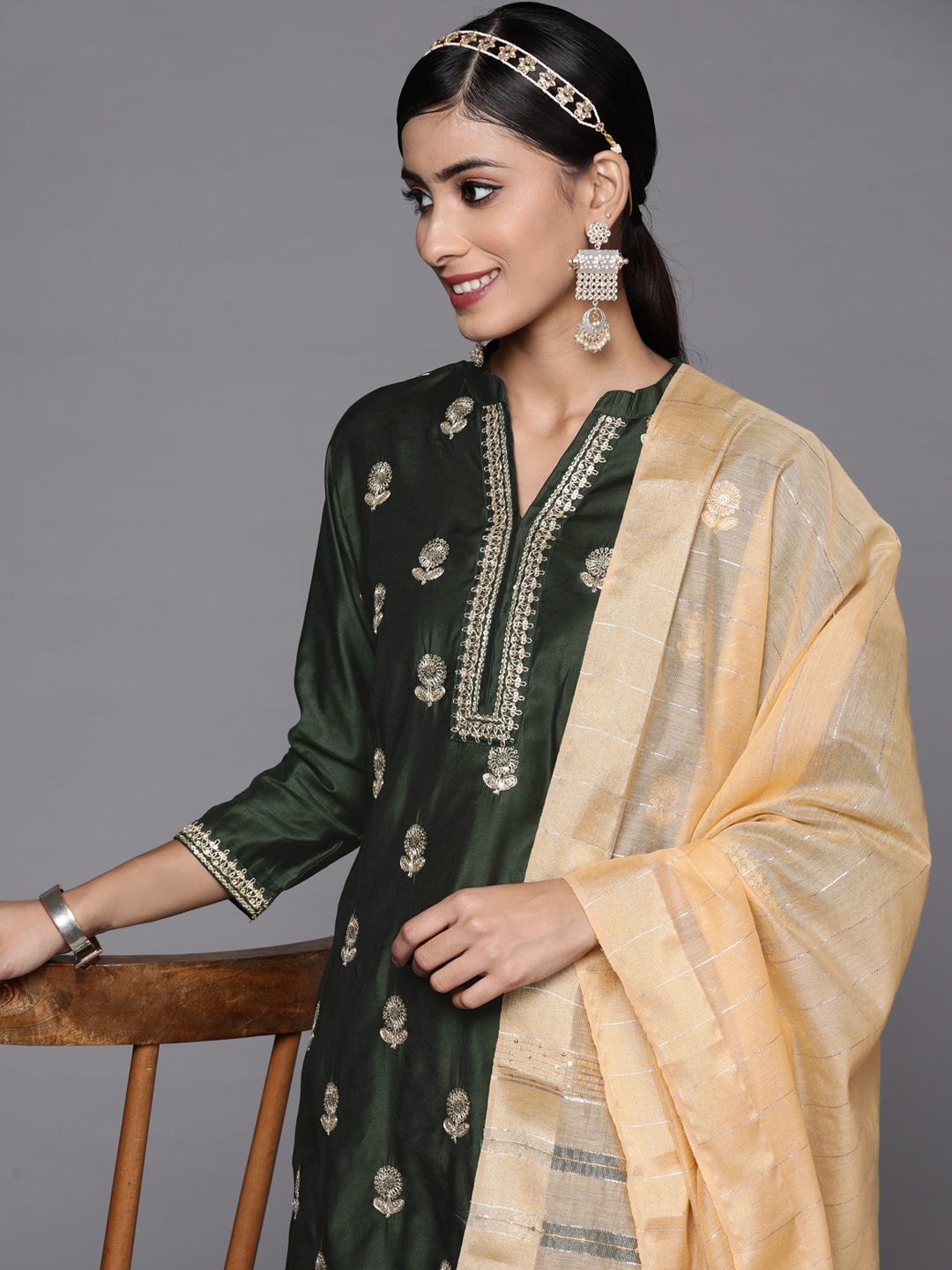 

Indo Era Women Green Floral Embroidered Sequinned Liva Kurta with Palazzos & With Dupatta