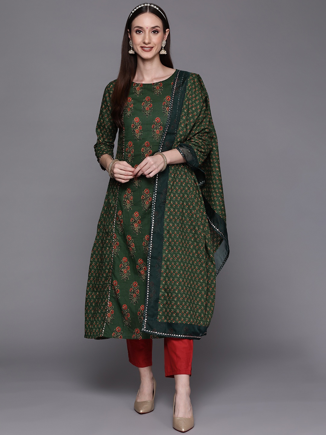 

Indo Era Women Green Ethnic Motifs Pure Cotton Kurta with Trousers & With Dupatta