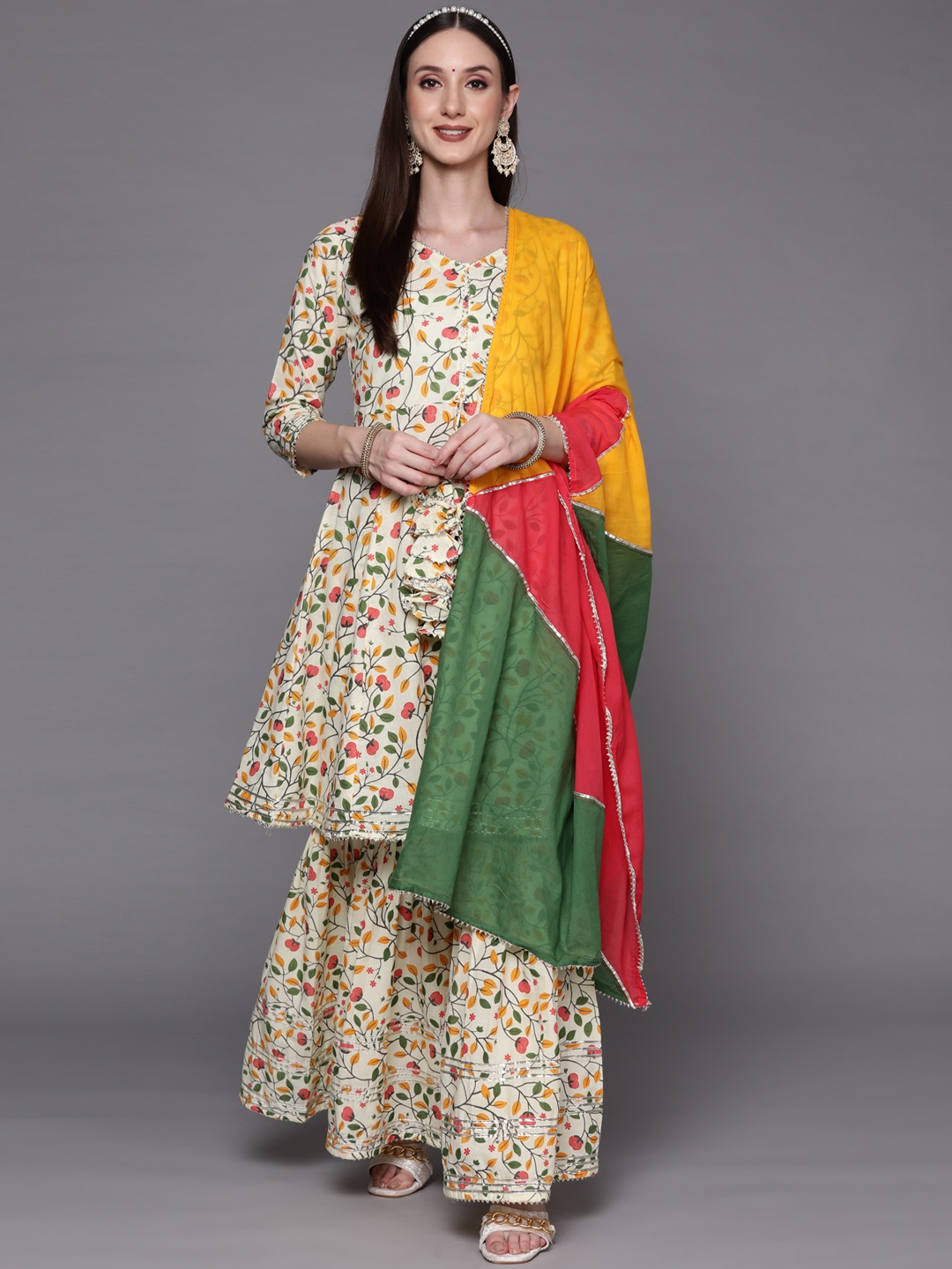 

Indo Era Women White Ethnic Motifs Printed Panelled Gotta Patti Kurta with Sharara & With Dupatta