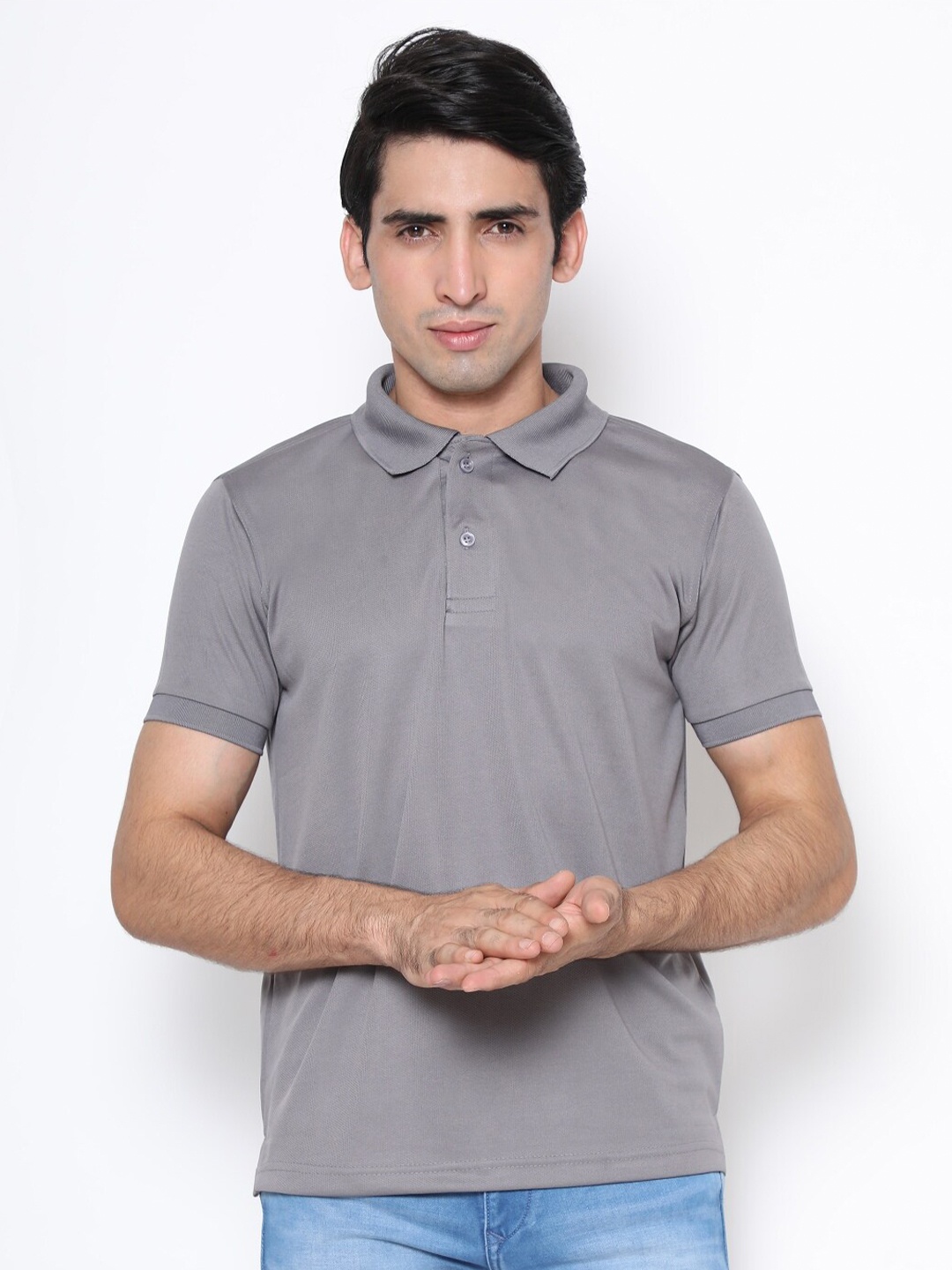 

TEEMOODS Men Grey Polo Collar Dri-FIT T-shirt