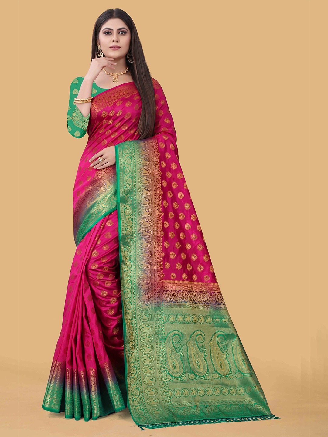 

PRASTHAN Pink & Green Ethnic Motifs Zari Silk Cotton Banarasi Saree