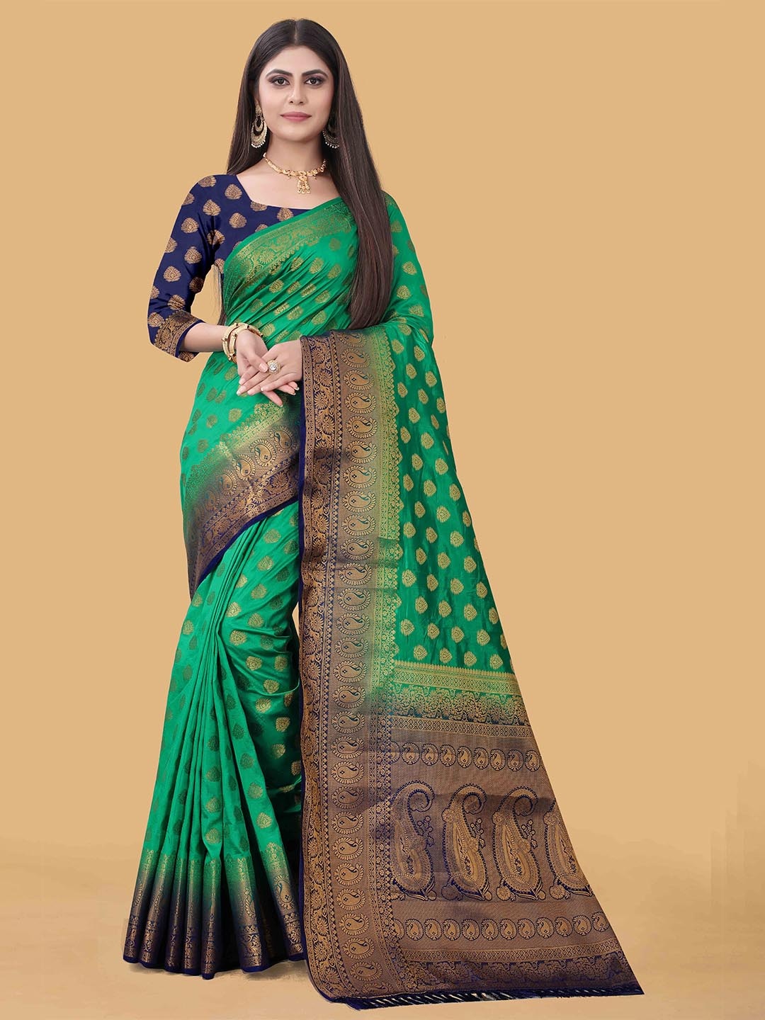 

PRASTHAN Green & Navy Blue Woven Design Silk Cotton Banarasi Saree