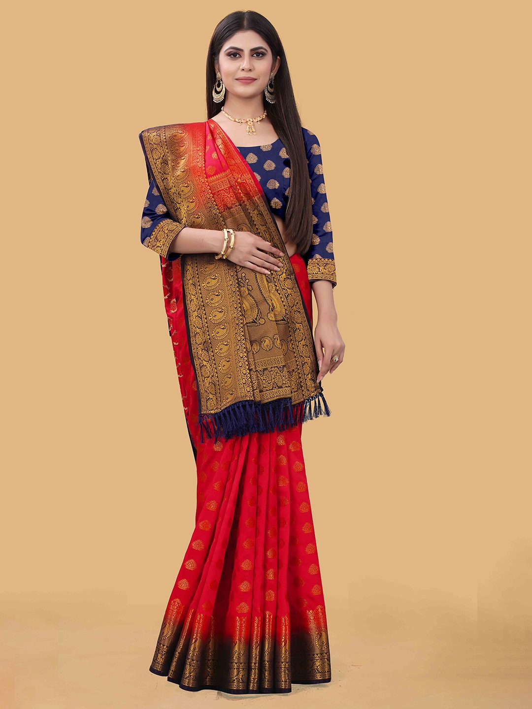 

PRASTHAN Red & Navy Blue Ethnic Motifs Zari Silk Cotton Banarasi Saree