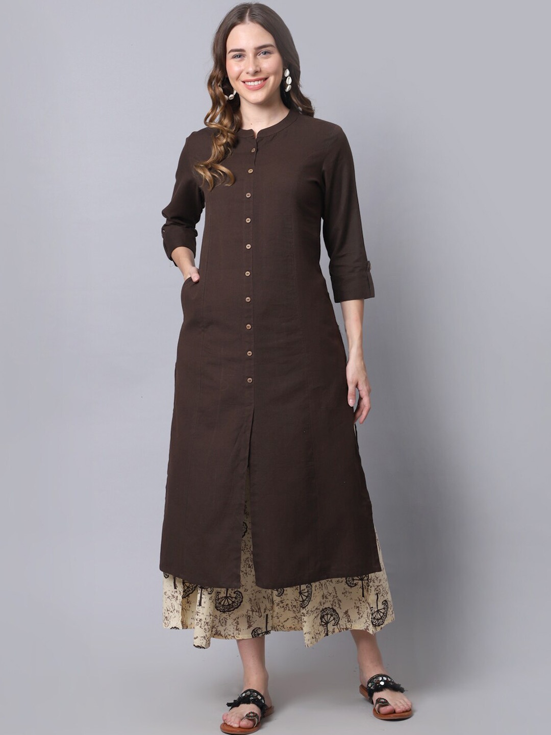 

Pistaa Women Brown Floral Empire Kurti With Palazzos