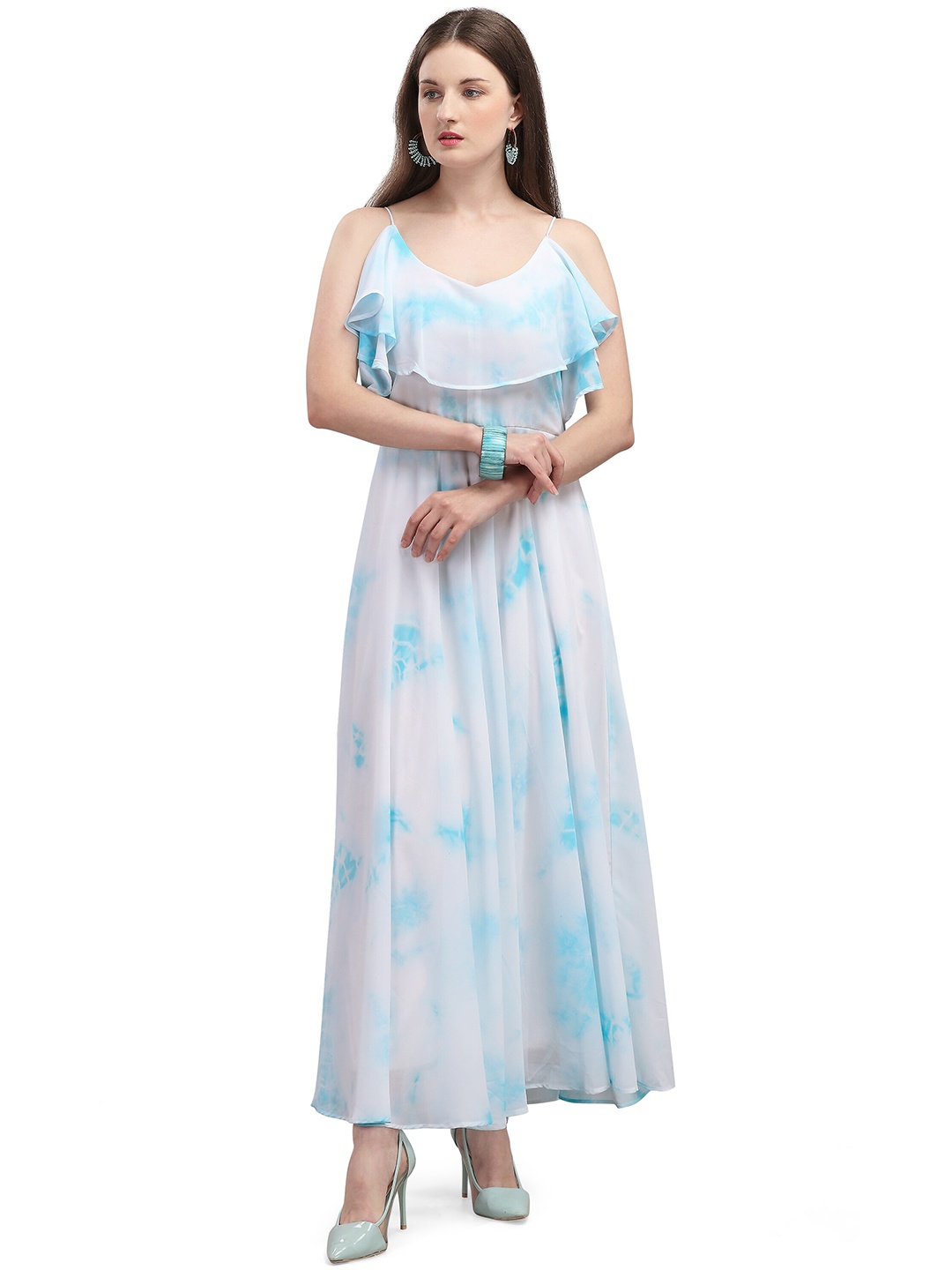 

VAANI CREATION Women White & Blue Tie & Dye Print Georgette Maxi Dress