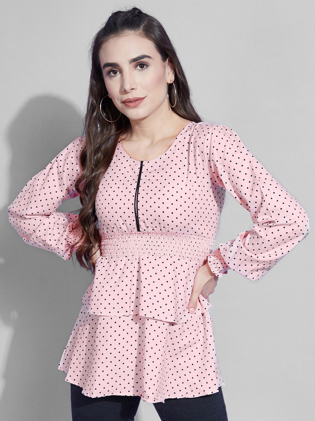 

Selvia Pink Polka Dots Printed Bishop Sleeves Smocked Empire Top